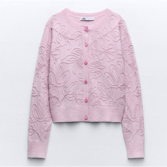 ZARA Sweaters - ZARA Pink Floral Embroidered Cardigan S